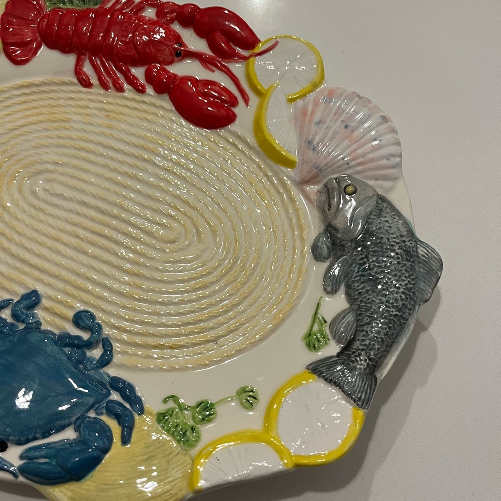 Vintage Multicolor Ceramic Sculpted Seafood Oval Platter 14" X 11" Lobster Crab - Picture 3 of 7